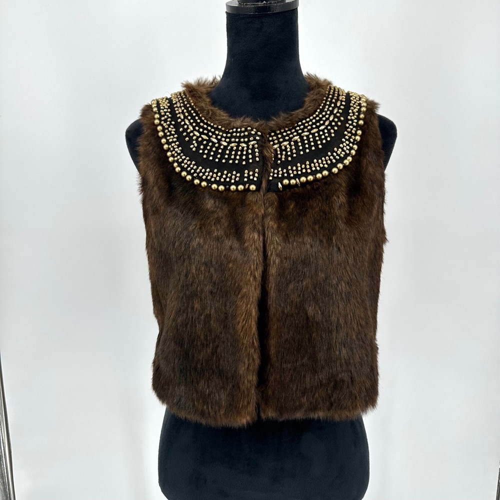 Y2K International Concepts Brown Faux Fur Vest Gold Detailed Cropped Boho S